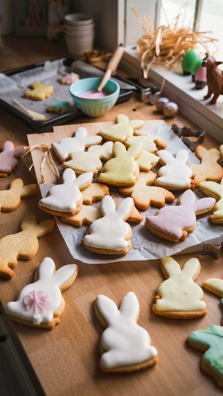 Biscuits lapin glacés sur table de cuisine.
