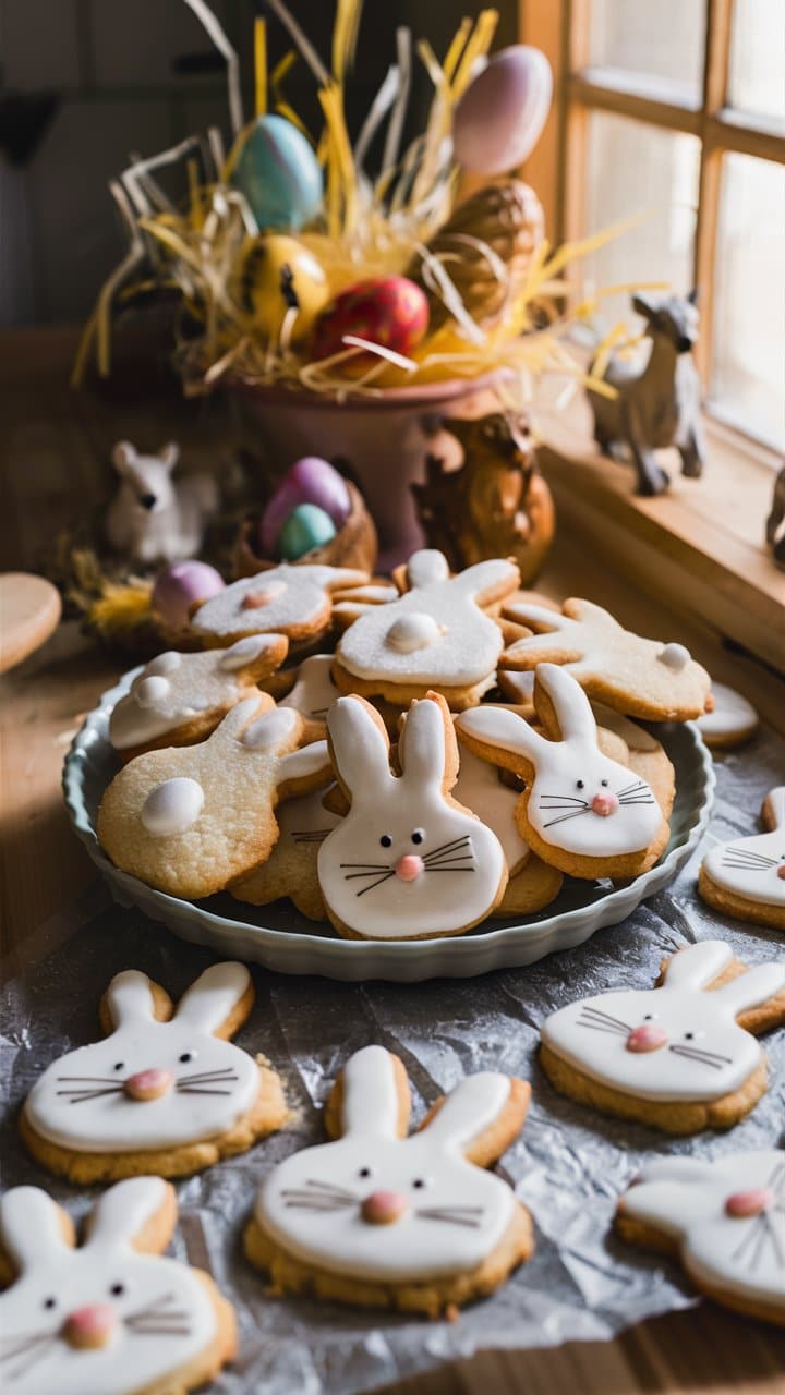 Biscuits lapin de Pâques décorés sur une assiette.