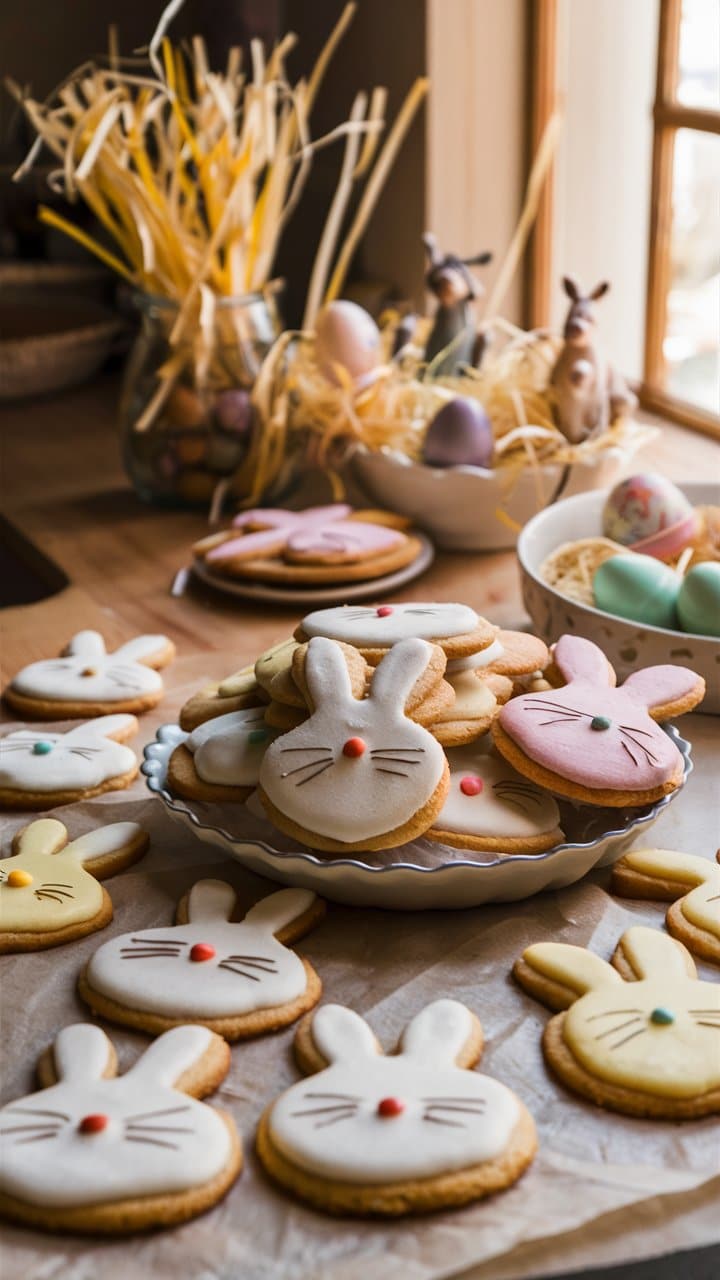Biscuits de Pâques en forme de lapin colorés.