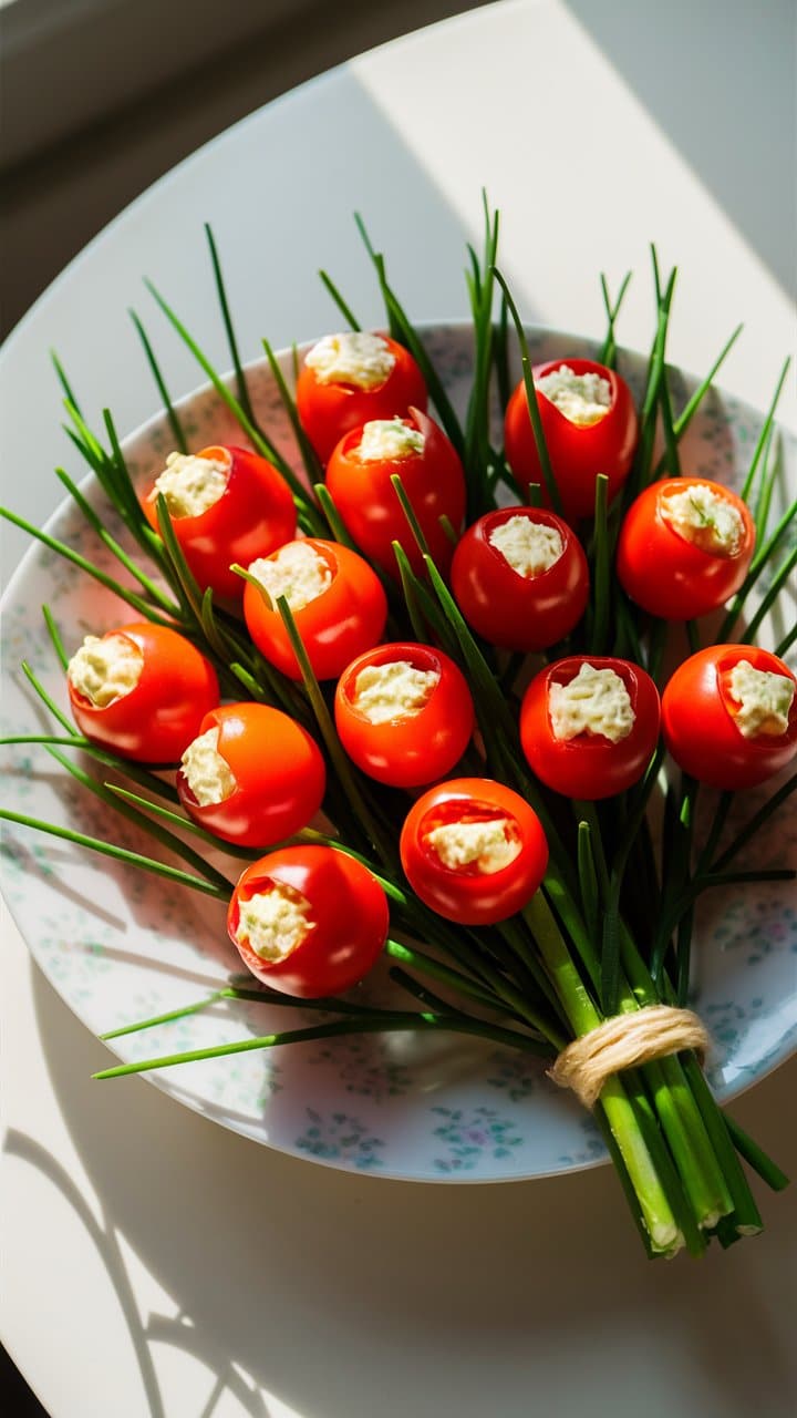 Bouquet de tomates cerises farcies et ciboulette.