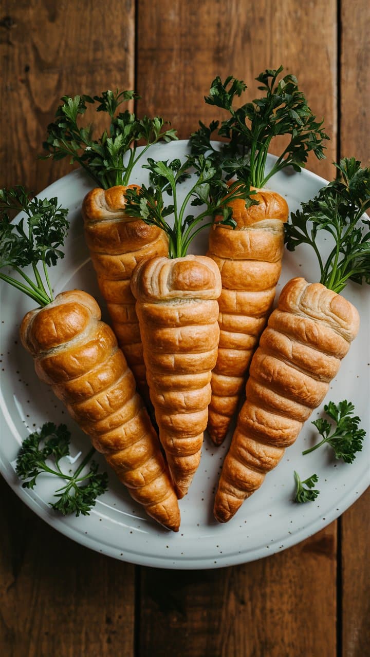 Feuilletés en forme de carottes sur assiette blanche.