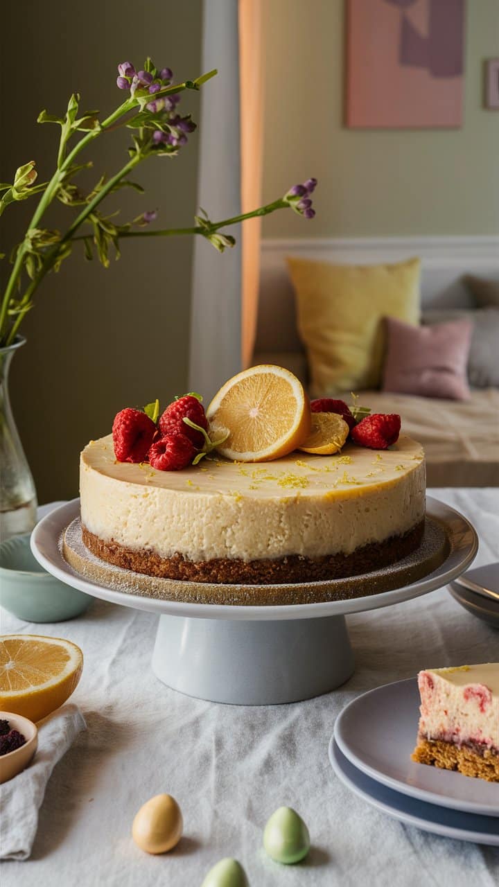 Gâteau au citron et framboises sur table décorée.