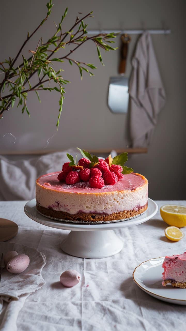 Gâteau framboise sur plat, décoré de fruits frais.