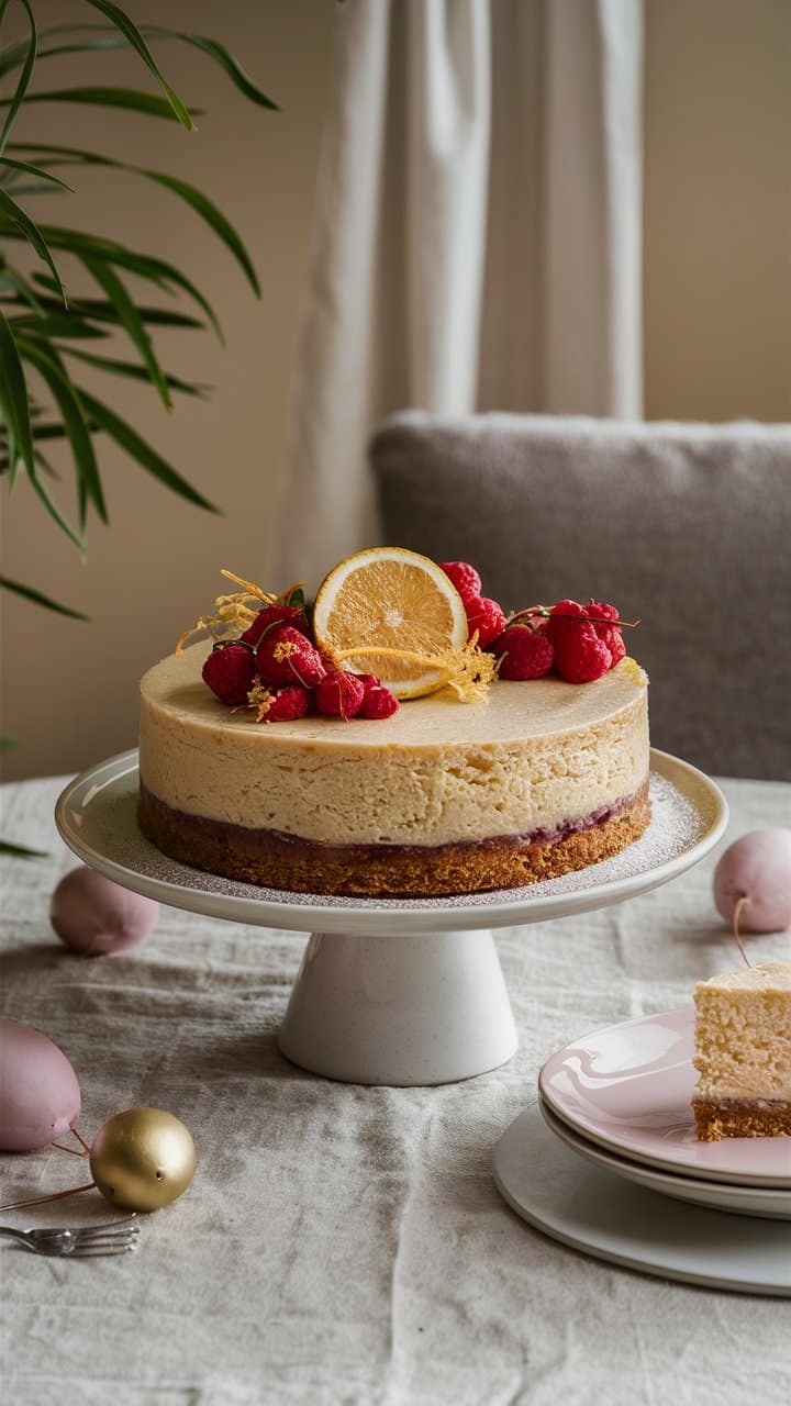 Cheesecake décoré de framboises et citron slice.