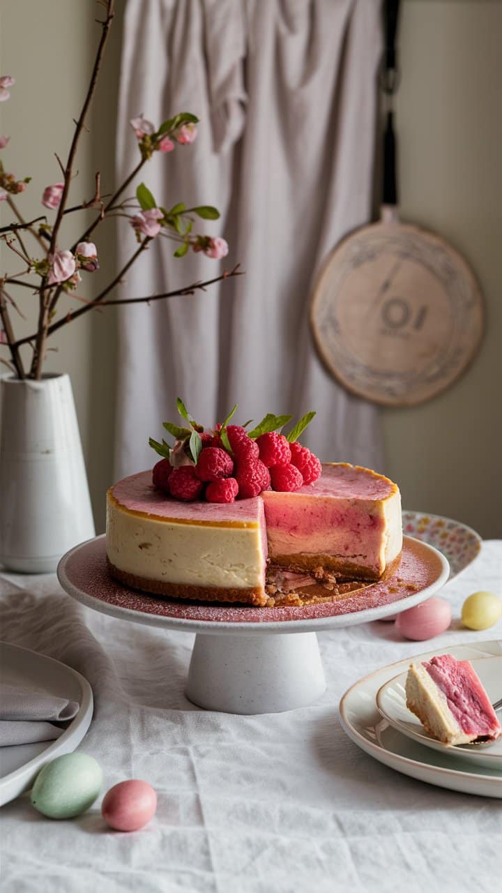 Gâteau aux framboises sur table décorée.