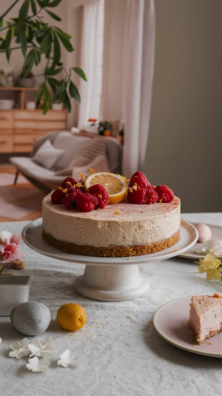 Gâteau au citron et framboises sur table.