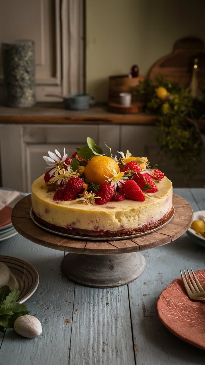 Gâteau aux fruits rouge sur plateau rustique.