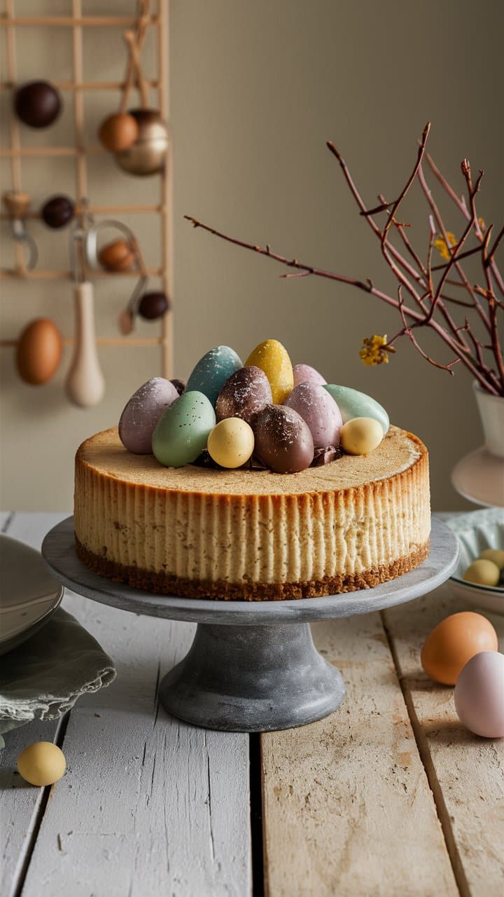 Cheesecake décoré d'œufs colorés sur une table rustique.