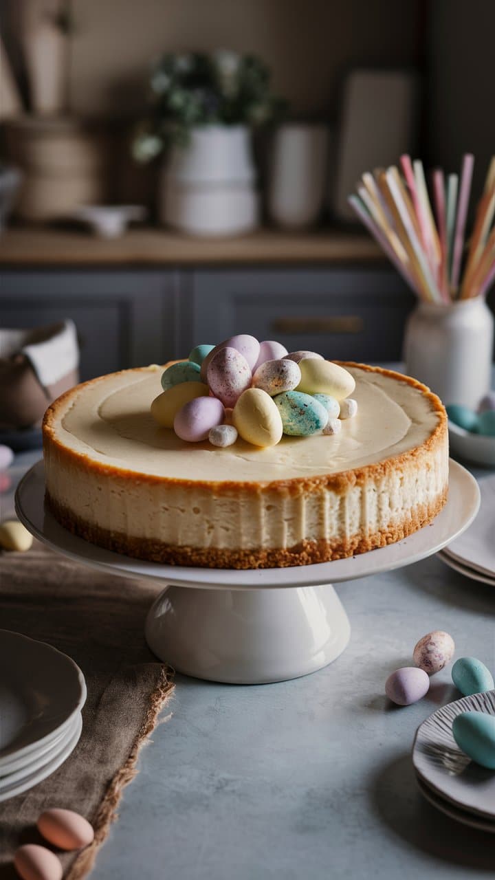 Gâteau crémeux décoré d'œufs en chocolat colorés.