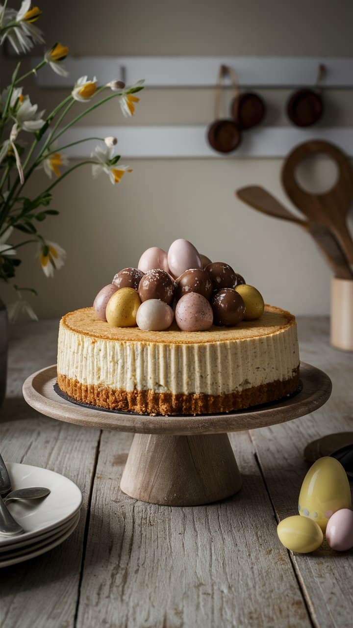 Gâteau avec œufs de Pâques en chocolat décoratifs.