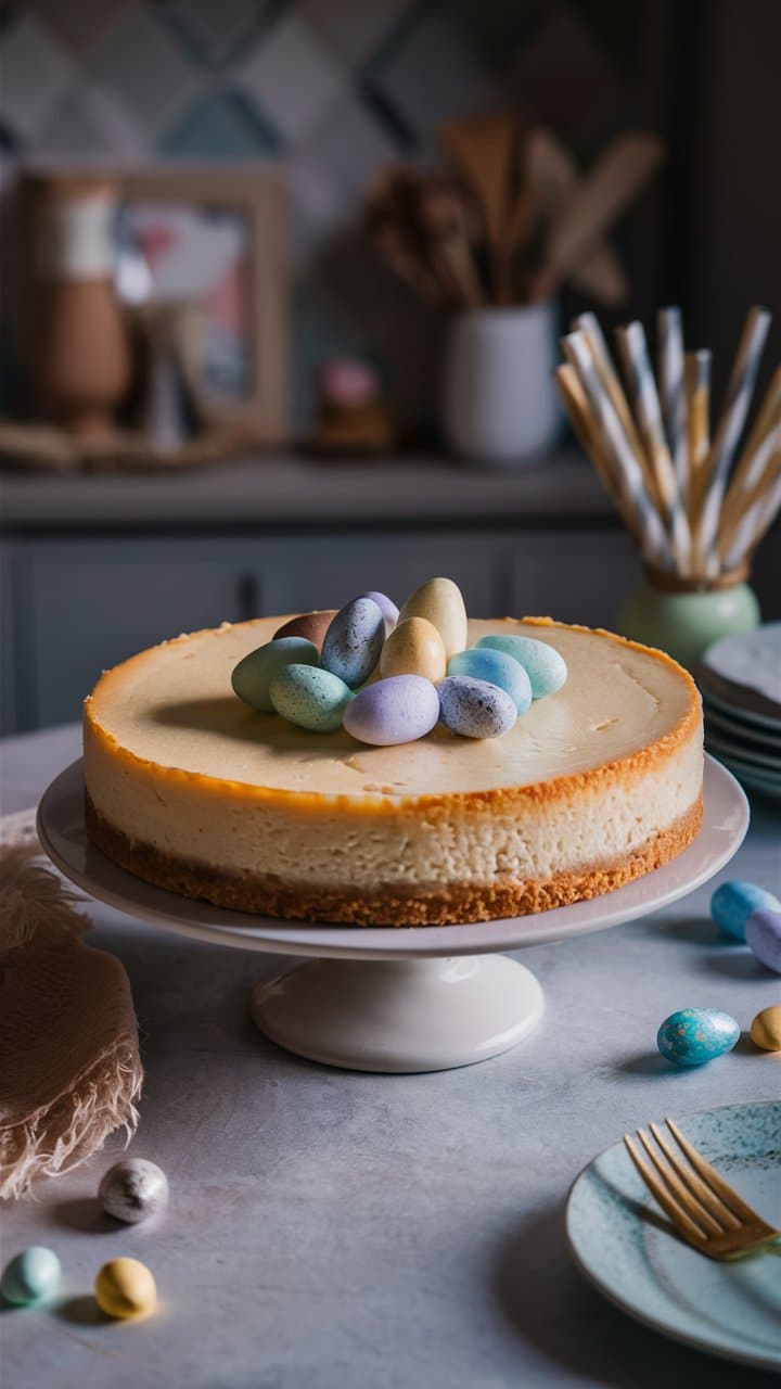 Cheesecake décoré d'œufs en chocolat colorés