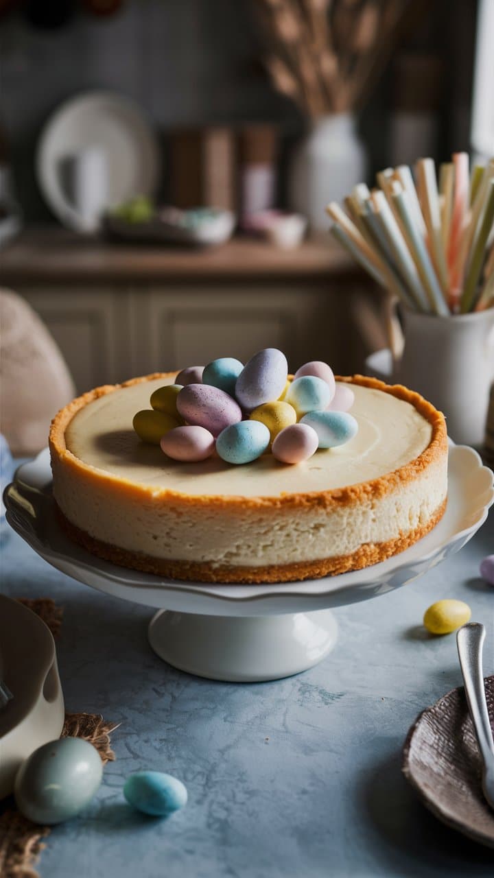 Gâteau décoré d'œufs colorés sur un plat.