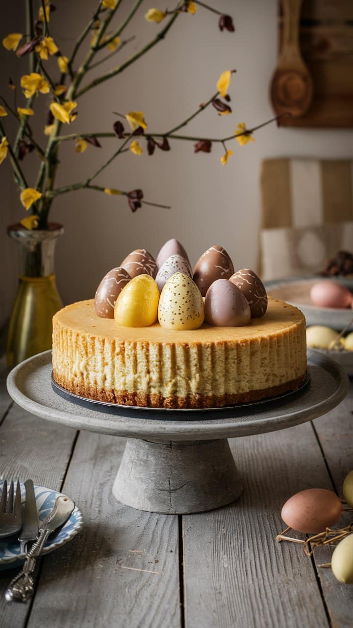Gâteau décoré d'œufs en chocolat colorés.