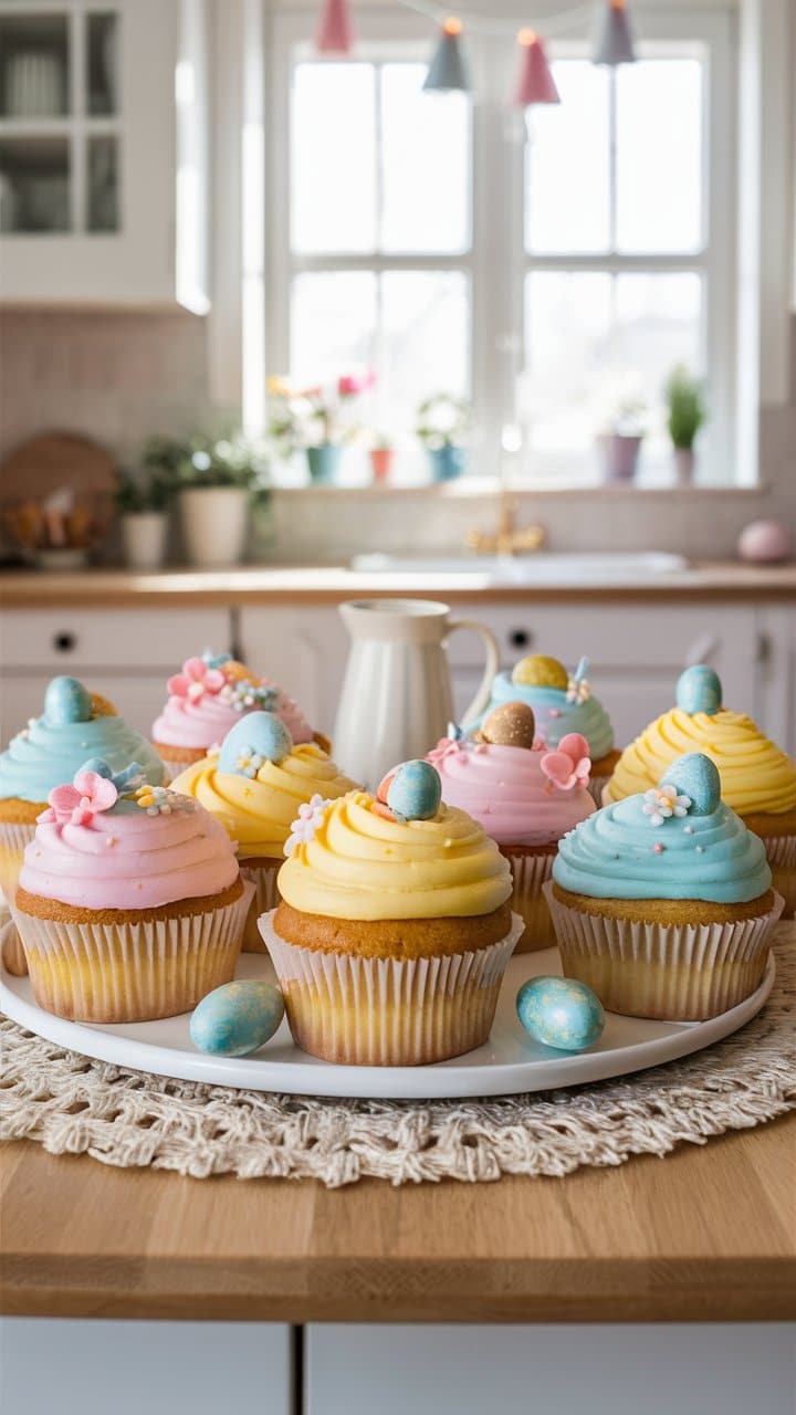 Cupcakes décorés dans une cuisine lumineuse.
