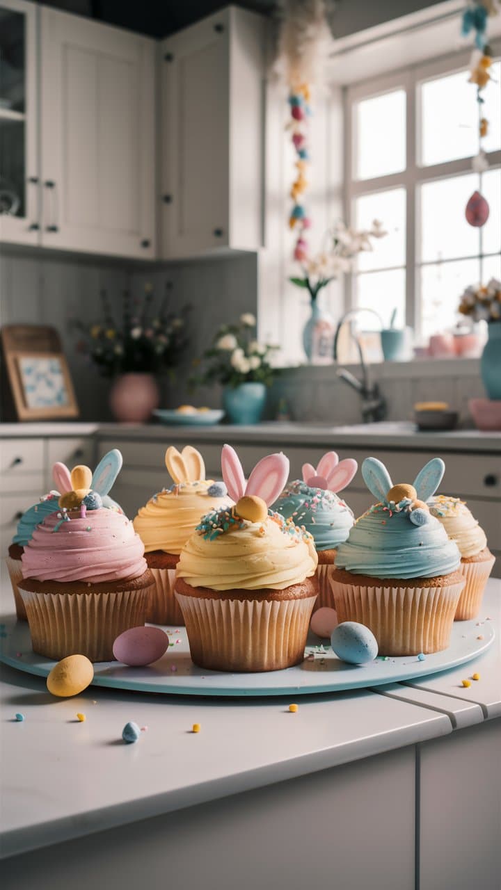 Cupcakes décorés avec oreilles de lapin colorées en cuisine.