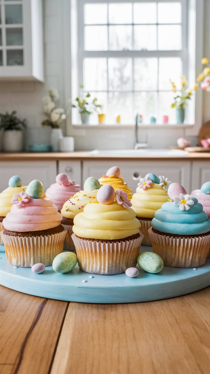 Cupcakes décorés sur plateau en cuisine lumineuse.