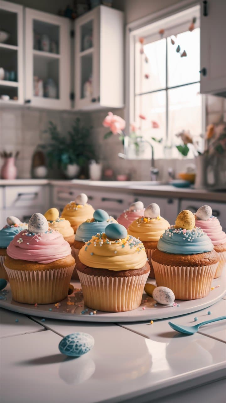 Cupcakes pastel avec œufs en sucre, cuisine lumineuse.
