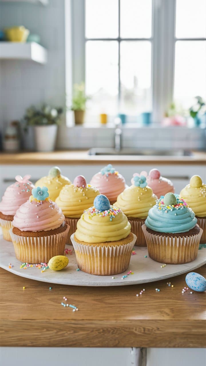 Cupcakes colorés avec glaçage et décorations.