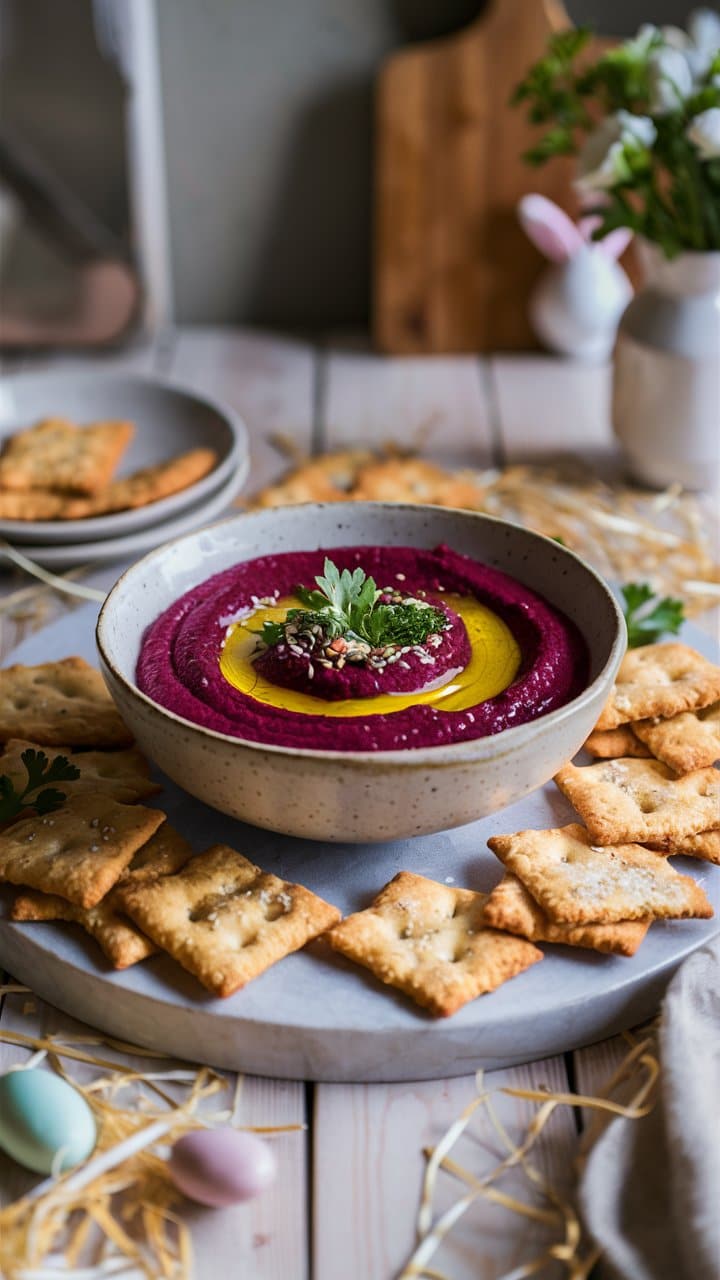 Houmous betterave avec crackers sur plateau.