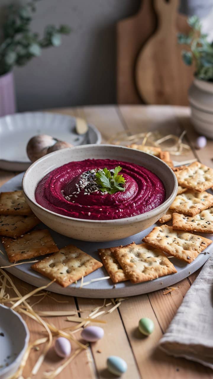 Houmous de betterave avec crackers sur table en bois.