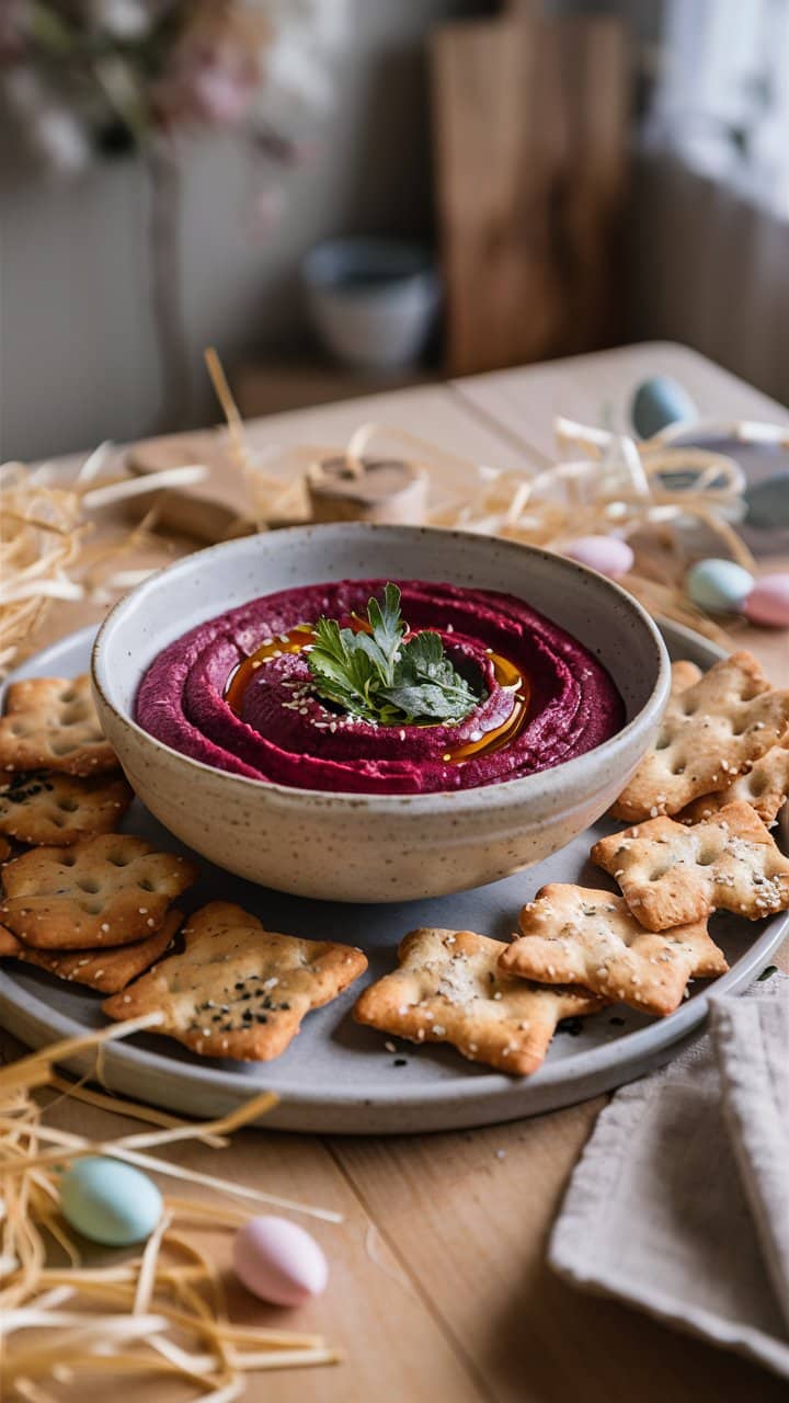 Houmous betterave, persil, crackers sur assiette.