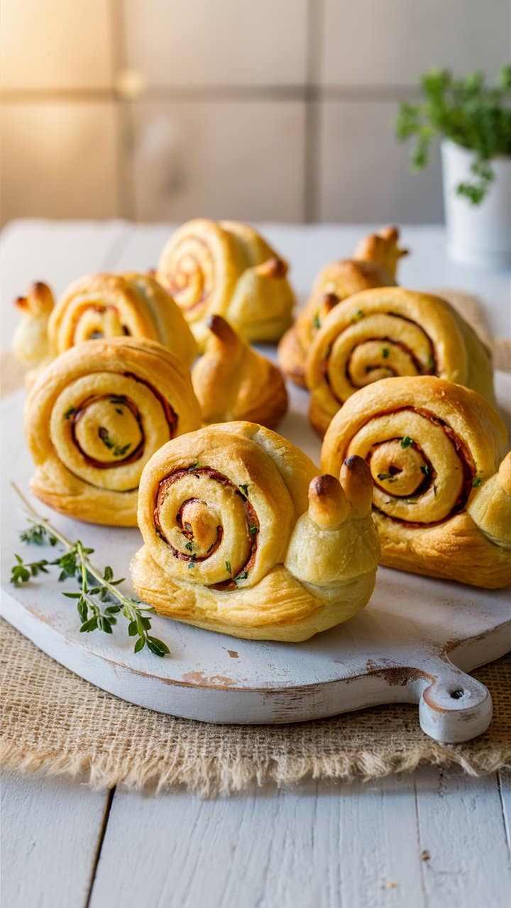 Viennoiseries en forme d'escargots sur une planche blanche.
