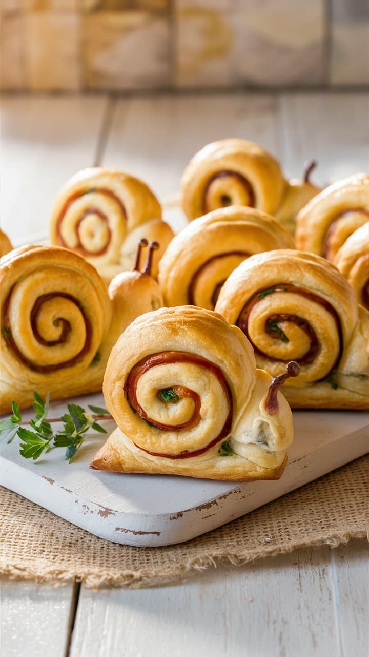 Petits pains escargots garnis sur planche blanche.
