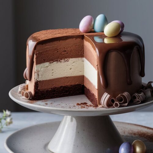 Gâteau chocolat avec œufs de Pâques colorés.