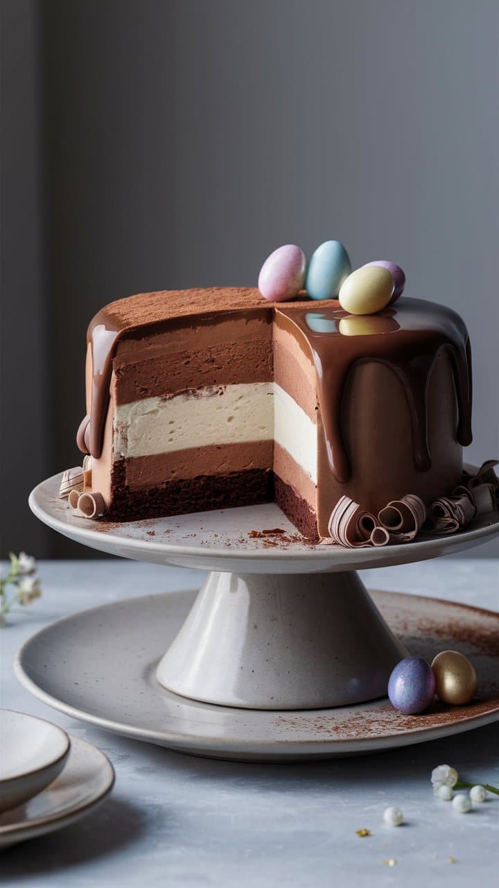 Gâteau chocolat avec œufs de Pâques colorés.