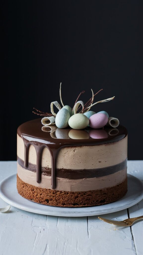 Gâteau chocolat avec œufs en sucre colorés.