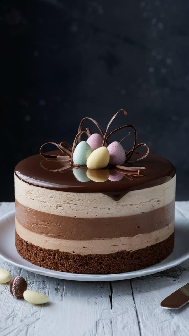 Gâteau chocolat avec œufs colorés décoratifs.