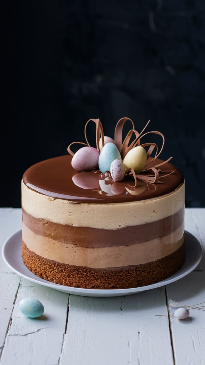 Gâteau chocolat avec œufs colorés décoratifs dessus.