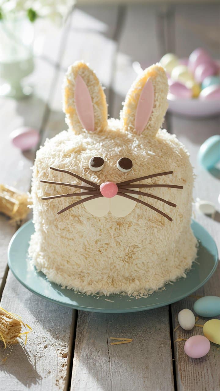 Gâteau en forme de lapin avec des œufs colorés.