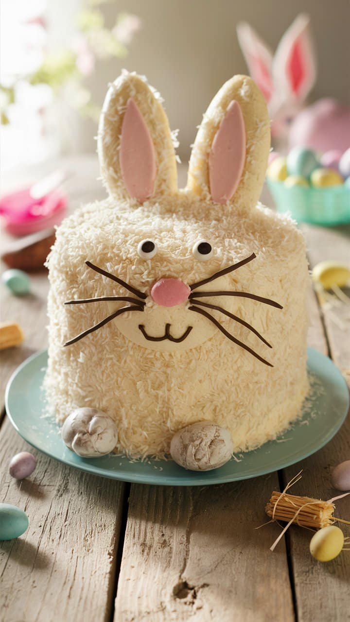 Gâteau lapin avec oreille, museau et moustaches.