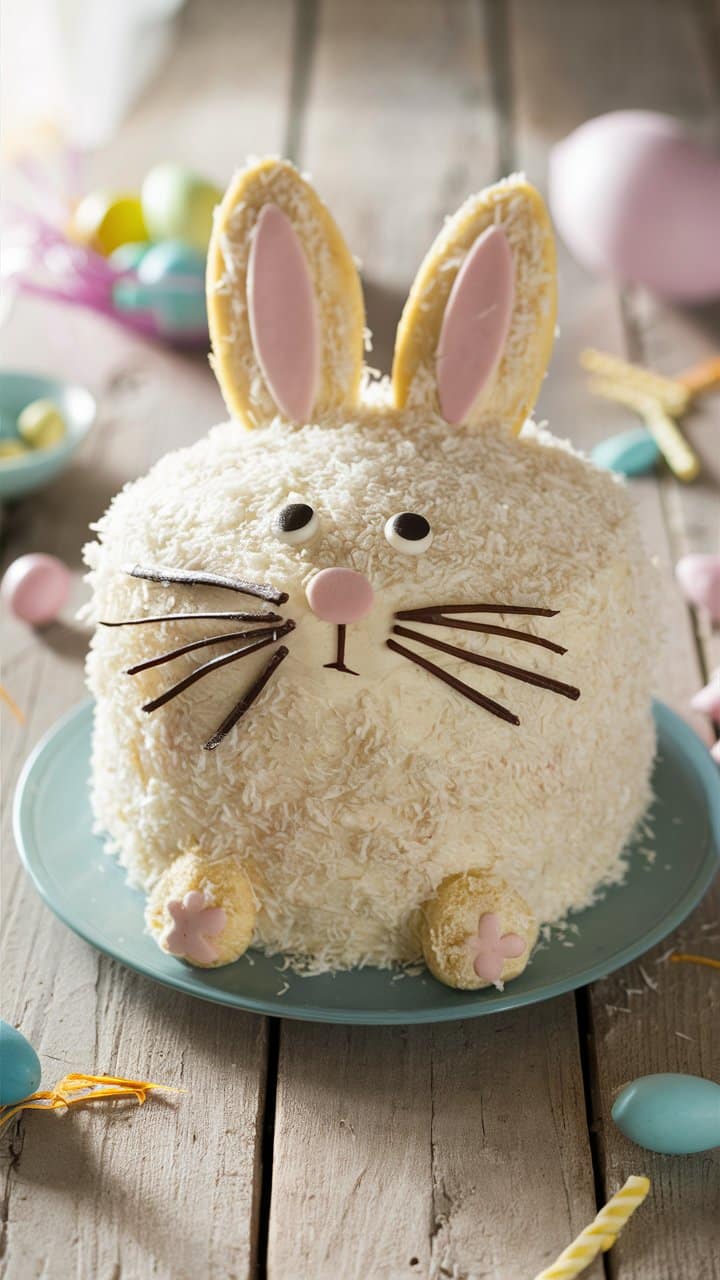 Gâteau en forme de lapin avec oreilles roses.