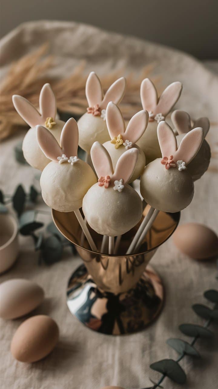 Sucettes lapin pâtissières dans un vase doré.