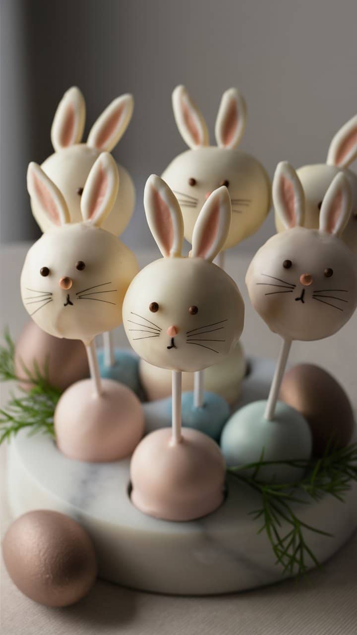 Cake pops lapins pastel sur bâtons blancs.