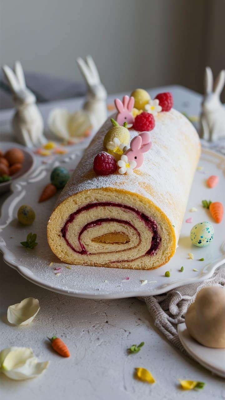 Bûche pâtissière décorée pour Pâques avec fruits et figurines.