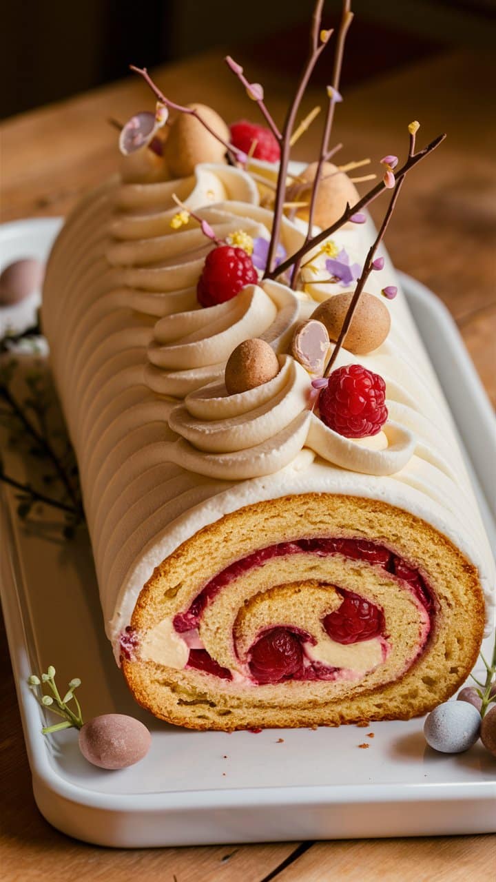 Bûche pâtissière garnie de framboises et crème.
