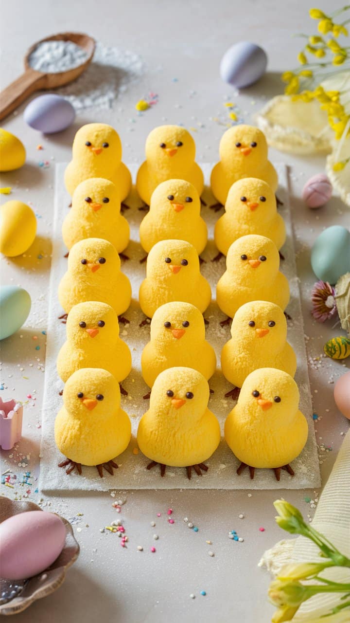 Petits poussins jaunes en rangée sur table.
