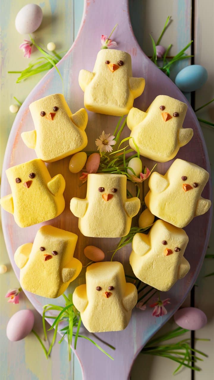 Gâteaux poussin jaunes sur plateau pastel.