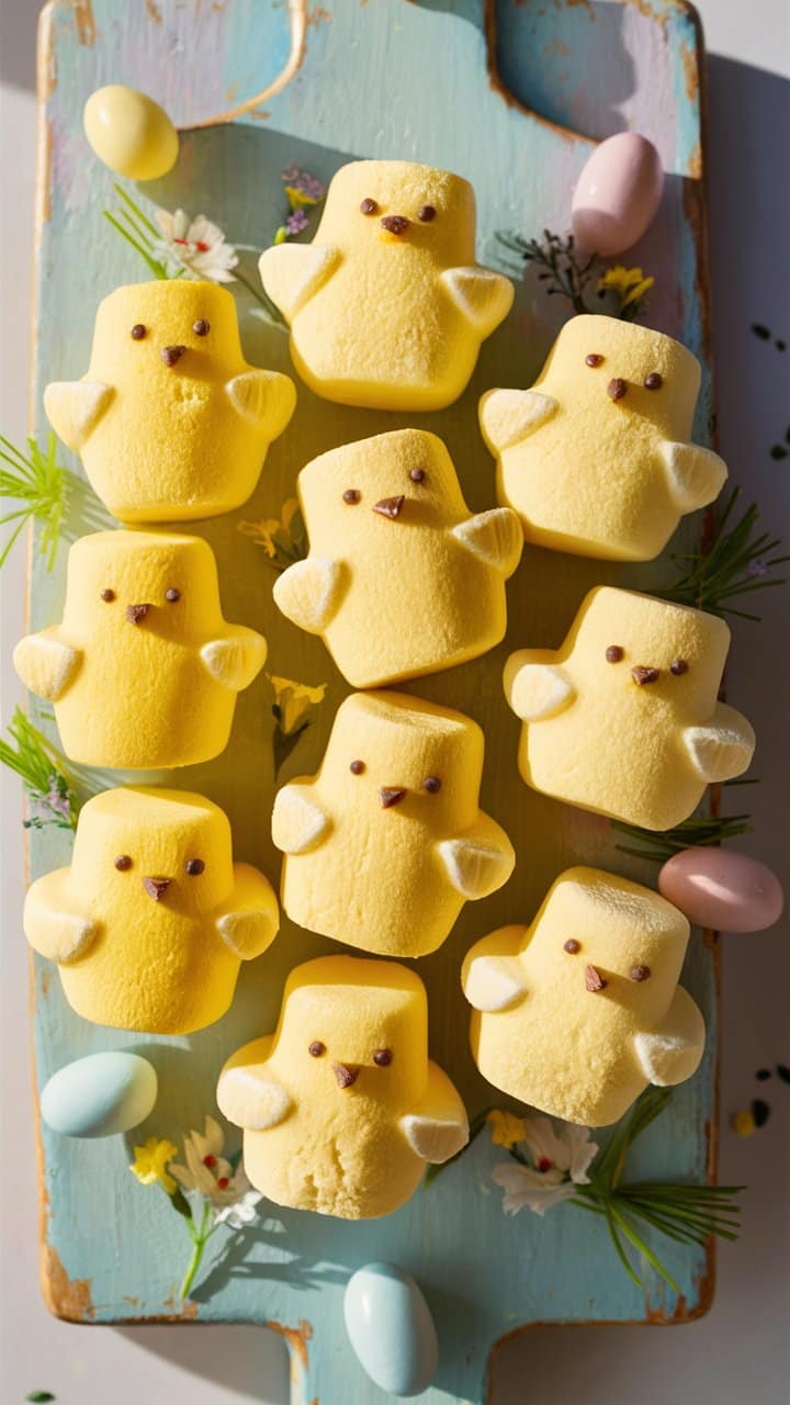 Guimauves poussin et œufs de Pâques colorés.