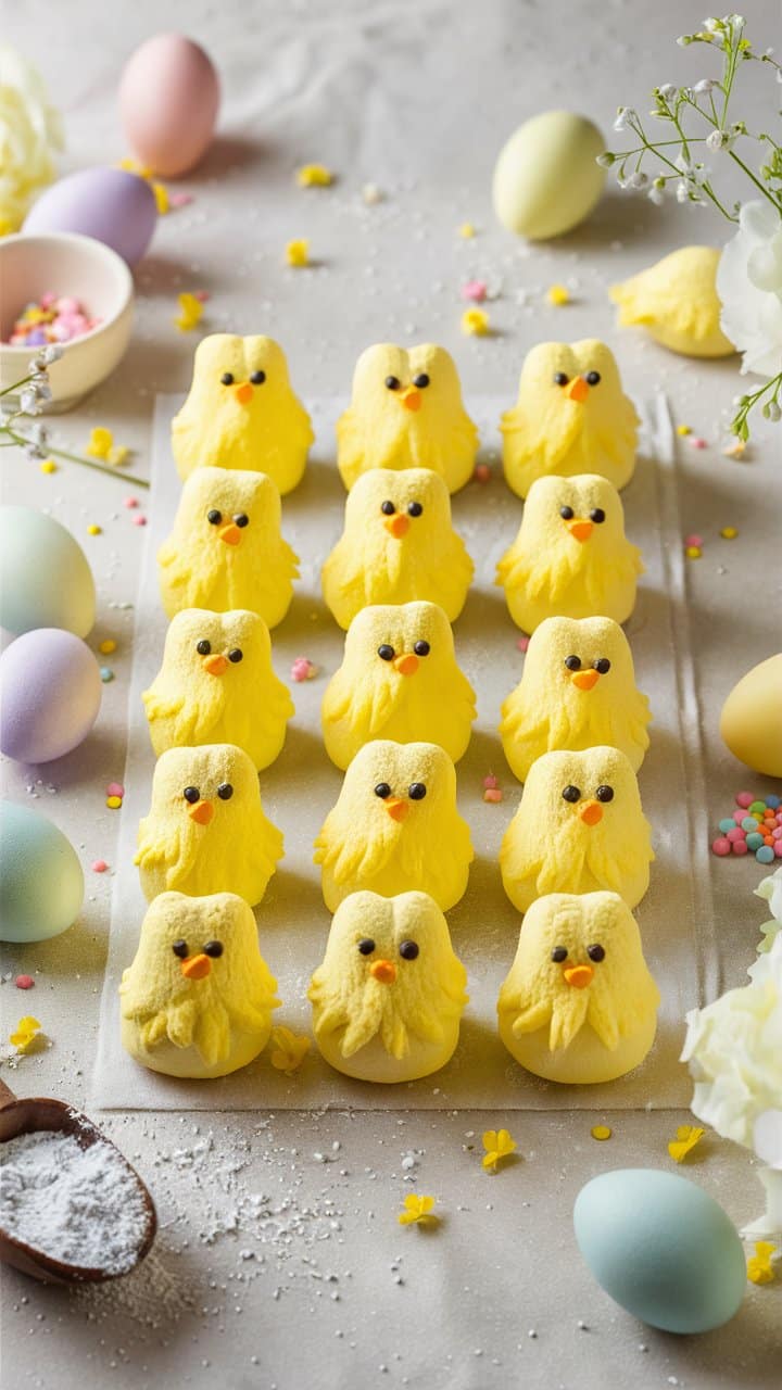 Poussins en guimauve jaunes alignés, œufs de Pâques.