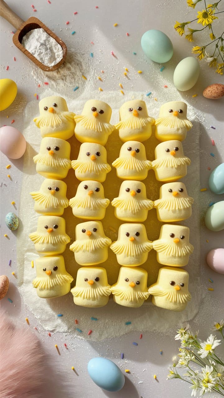 Petits poussins guimauve jaunes, œufs pastel, farine.