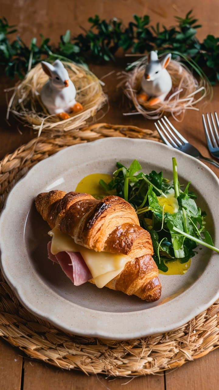 Croissant jambon-fromage et salade verte.