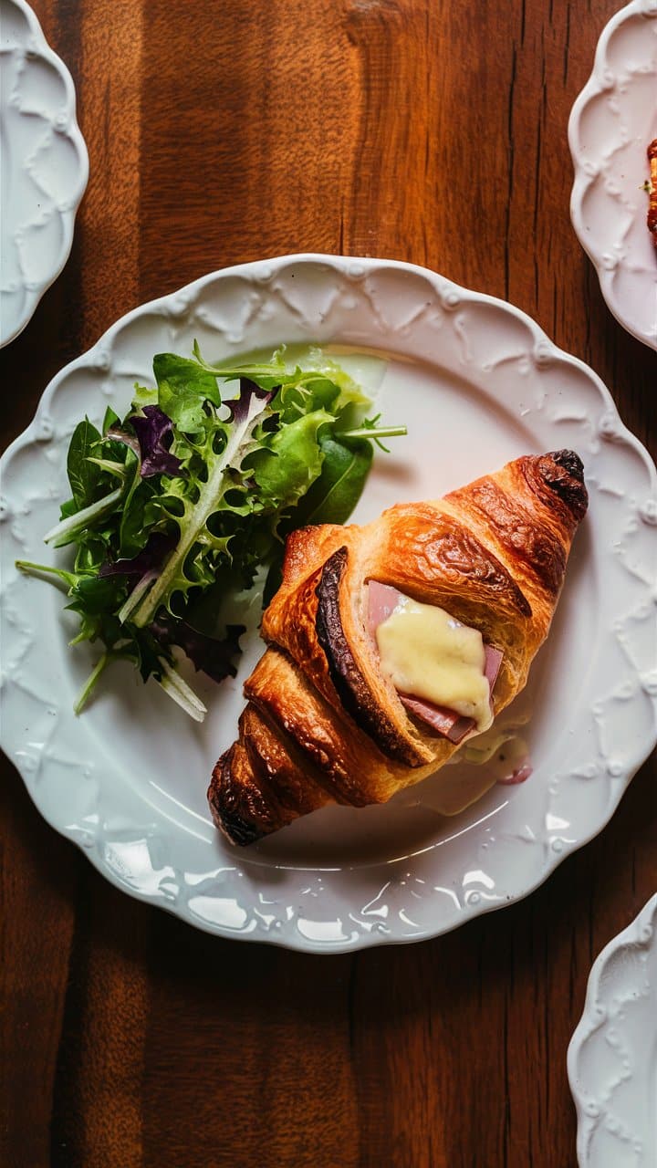 Croissant jambon fromage avec salade verte fraîche.