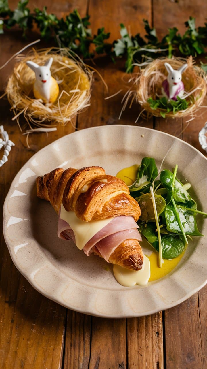 Croissant jambon-fromage, salade verte, décoration lapin.