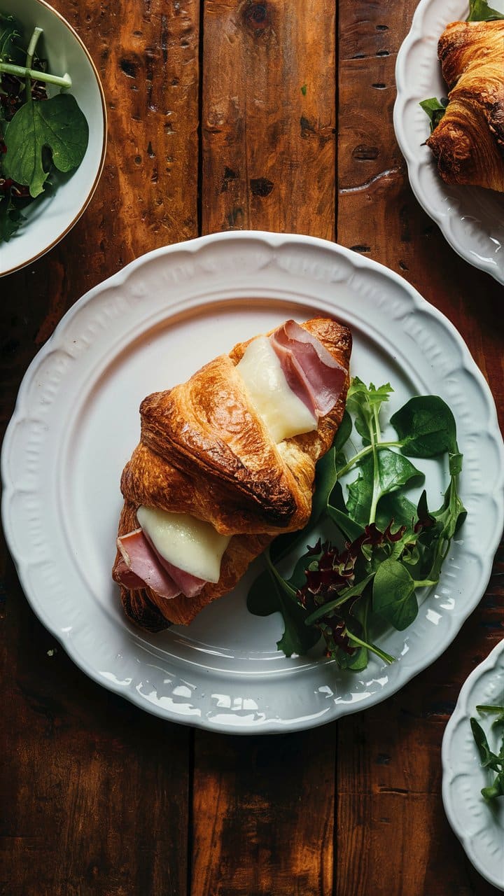 Croissant fromage jambon et salade sur assiette blanche.