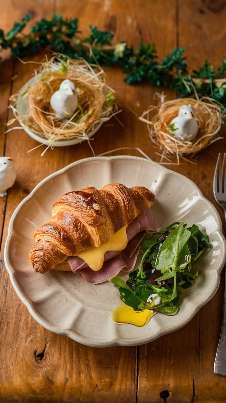 Croissant jambon fromage avec salade sur assiette