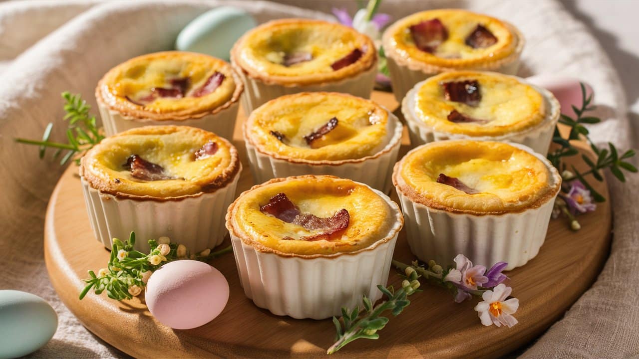 Mini quiches lardon sur planche en bois.